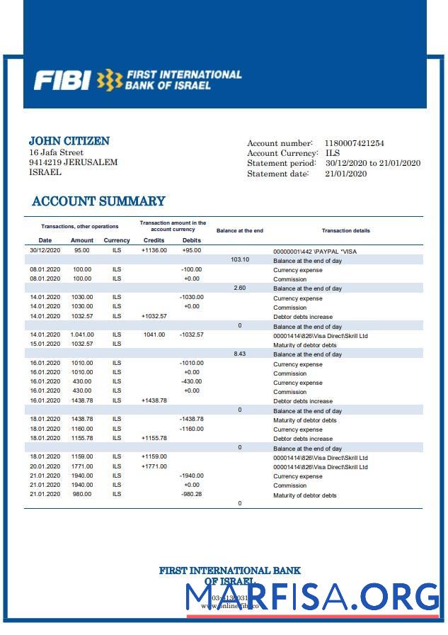Realistic Israel First International Bank of Israel bank statement word download for verification